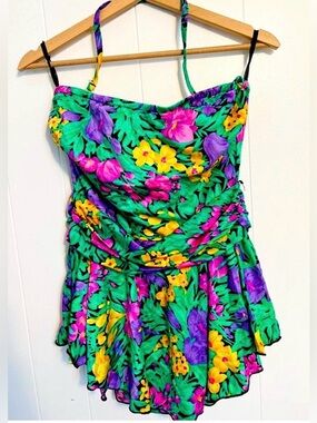 Vintage 80s Miami Vice Palm Point Pinup Babydoll Floral Swimsuit Mini Dress